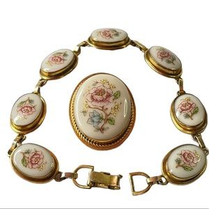 Vintage Lenox Porcelain Pattern Link 14K GF  Gold Filled Bracelet Brooch Pendant